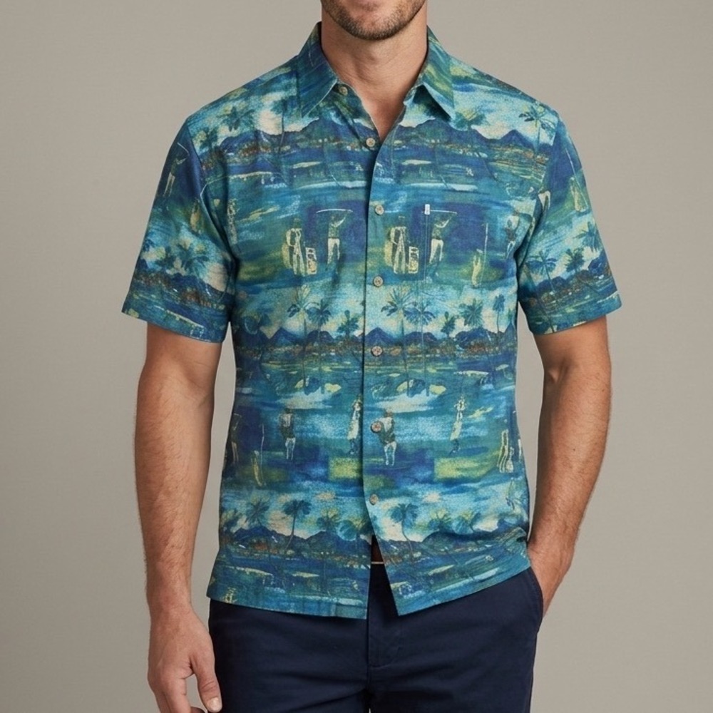 Vtg Kahala Avi Collection Hawaiian Golf Shirt Lg Cotton Blue Aloha Hawaii Made
